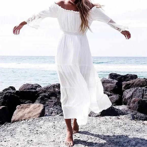 Elegant White Off-Shoulder Dress white boho dress - Picture 4 of 8